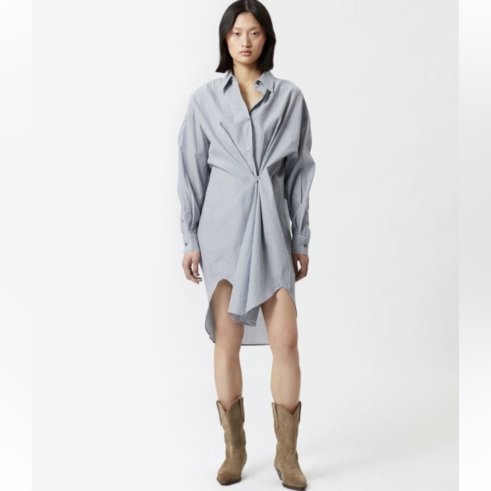 Isabel Marant Etoile Womens Robe Seen Cotton Striped Blue Mini Shirt Dress L 38